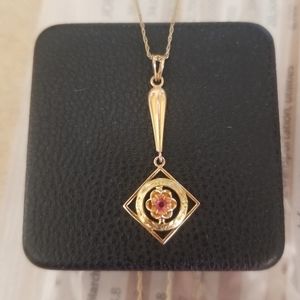 10K Gold Garnet Lavalier Drop Pendant Necklace